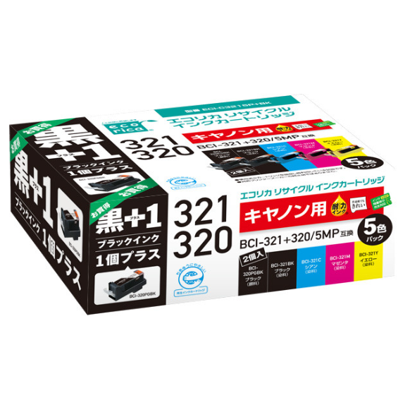 エコリカ【キヤノン用】BCI-321+320/5MP+320PGBK互換リサイクルインク 5色パック+黒1個プラスお買い得（型番：ECI-C3215P+BK）