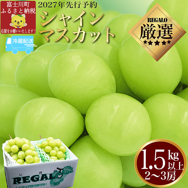 【2027年発送分 先行予約】頬張る幸福感　～緑の宝石・シャインマスカット～　１．５ｋｇ以上（２～３房）※冷蔵発送※