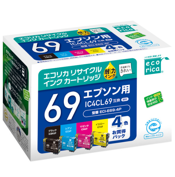 エコリカ【エプソン用】IC4CL69互換リサイクルインク 4色パック（型番：ECI-E69-4P）