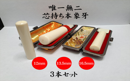 高級芯持ち本象牙印鑑　3本セット（12.0ｍｍ／13.5ｍｍ／16.5ｍｍ）（ワニまたはカメケース・桐箱ケース付き）